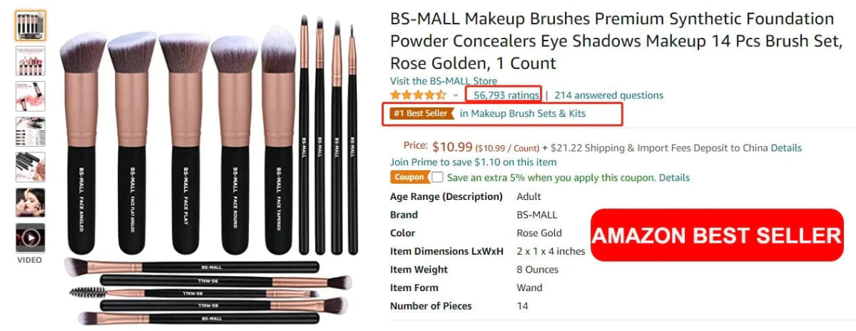 BS-MALL 14-piece rose gold synthetic makeup brush set with face and blending brushes for professional cosmetic application.