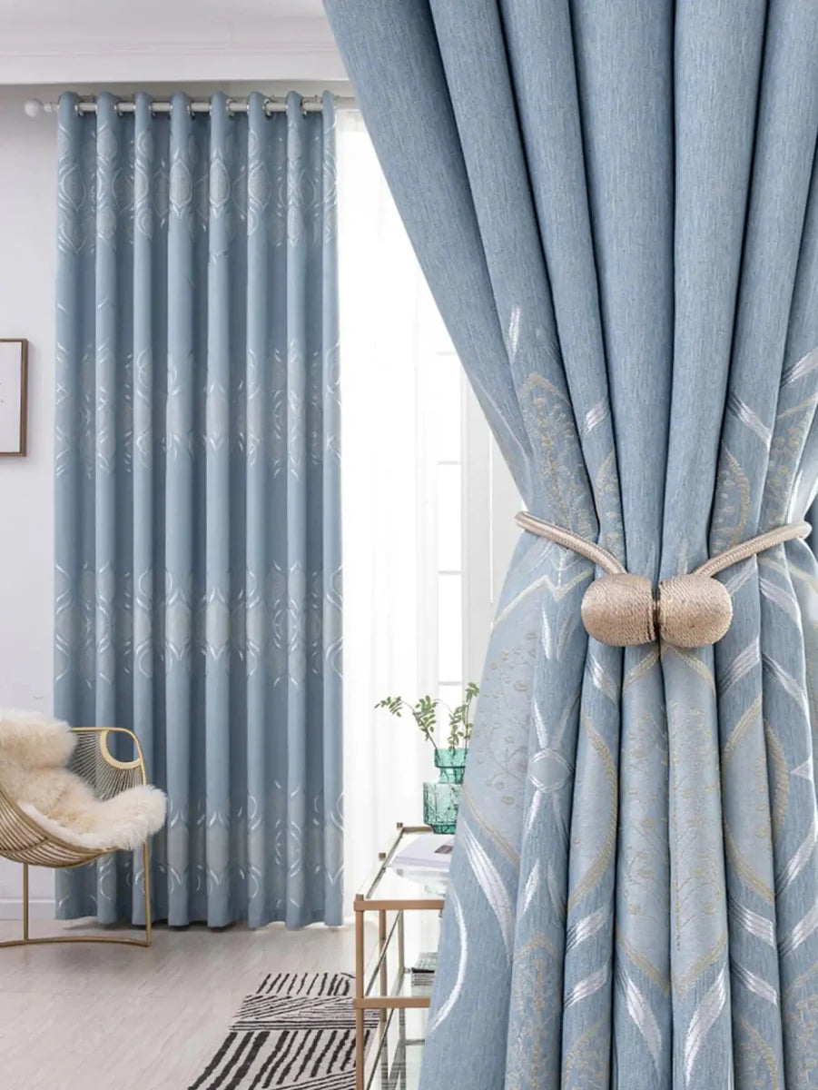 Blue and black polyester blackout curtain from SHOWLU FASHION, modern design, high shading for living room window blinds.