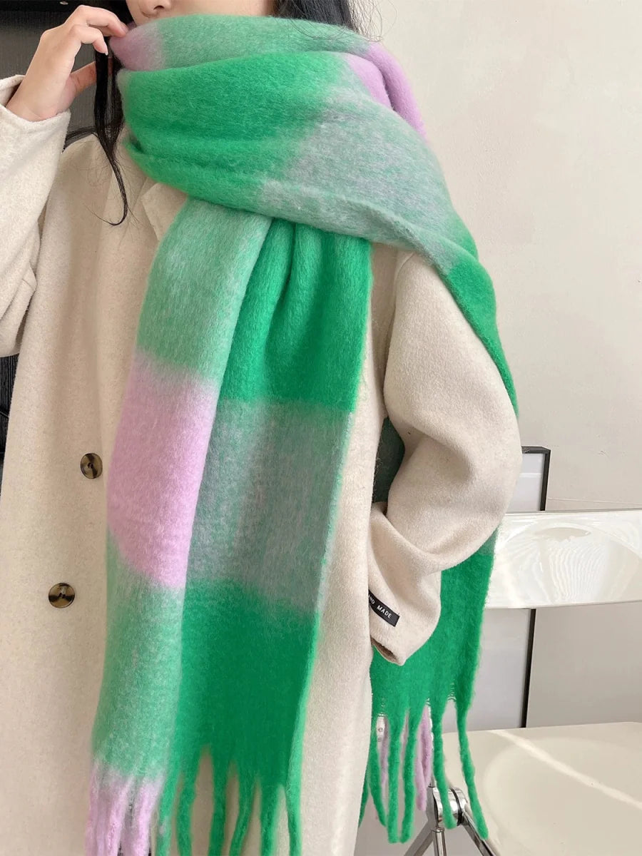 Little girl wearing a classic plaid colorblock winter scarf, showcasing warm, wind-proof, and stylish Korean-inspired cold protection accessory