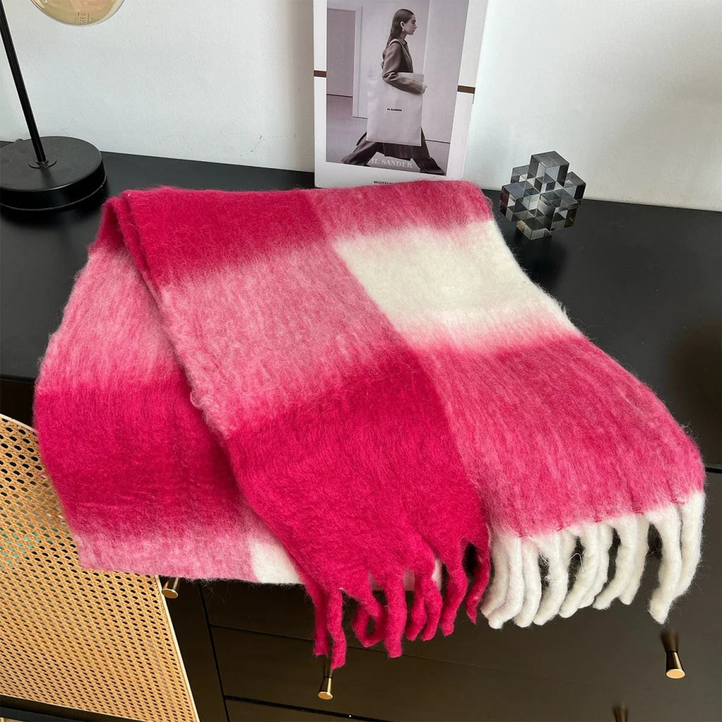 Classic plaid colorblock winter scarf for girls, showcasing warm, wind-proof design ideal for autumn and winter wear.