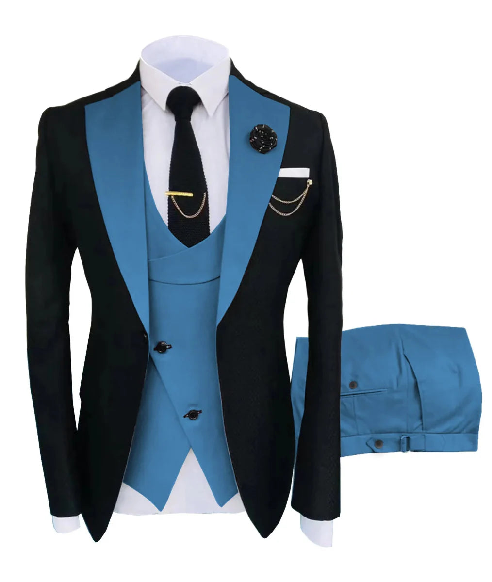 Men's black 3-piece slim fit tuxedo suit by SHOWLU FASHION STORE, includes jacket, trousers, and vest for formal weddings and parties.