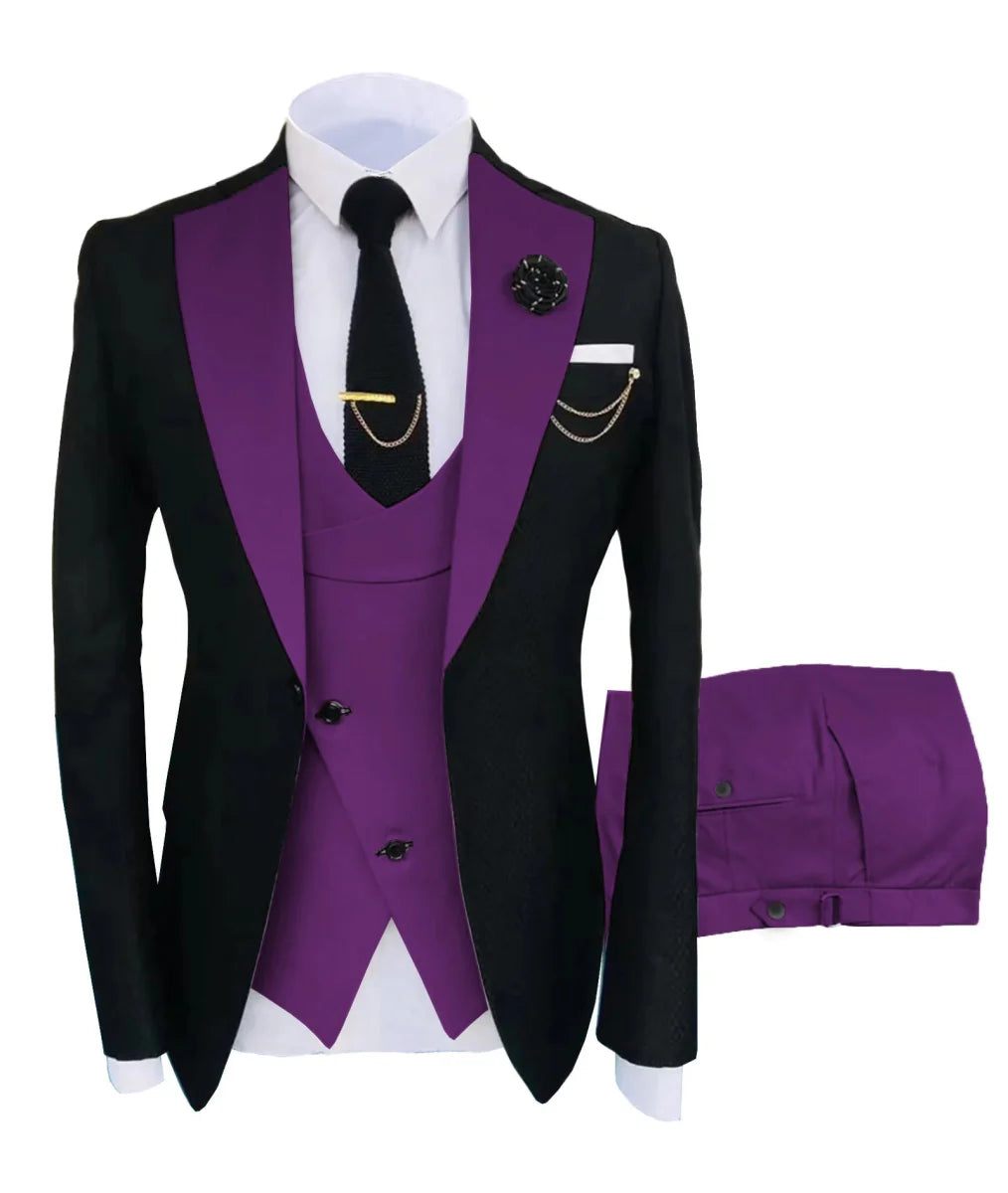 LeosoXS men's 3-piece slim fit tuxedo suit with jacket, trousers, and vest for formal weddings and parties.