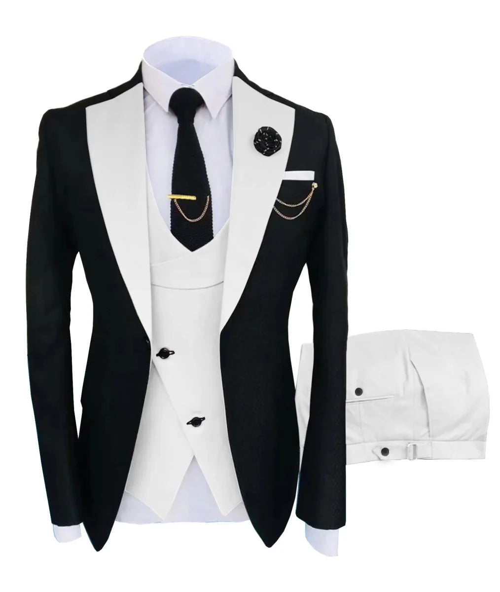 Men's slim fit tuxedo suit by SHOWLU FASHION STORE, 3-piece set including jacket, trousers, and vest for formal events and weddings.
