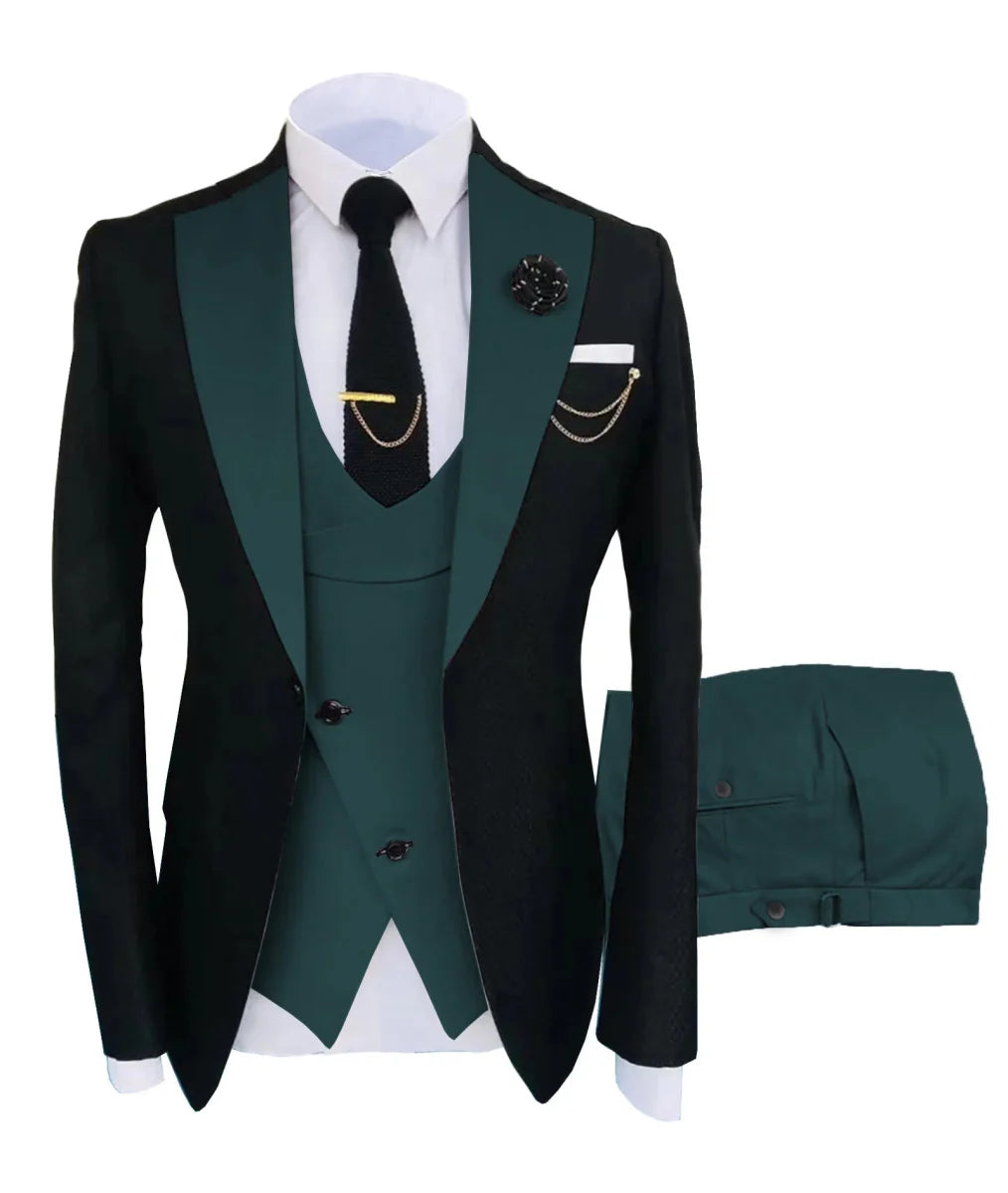 Men's slim fit tuxedo suit by SHOWLU FASHION, 3-piece set including jacket, trousers, and vest for formal weddings and parties.