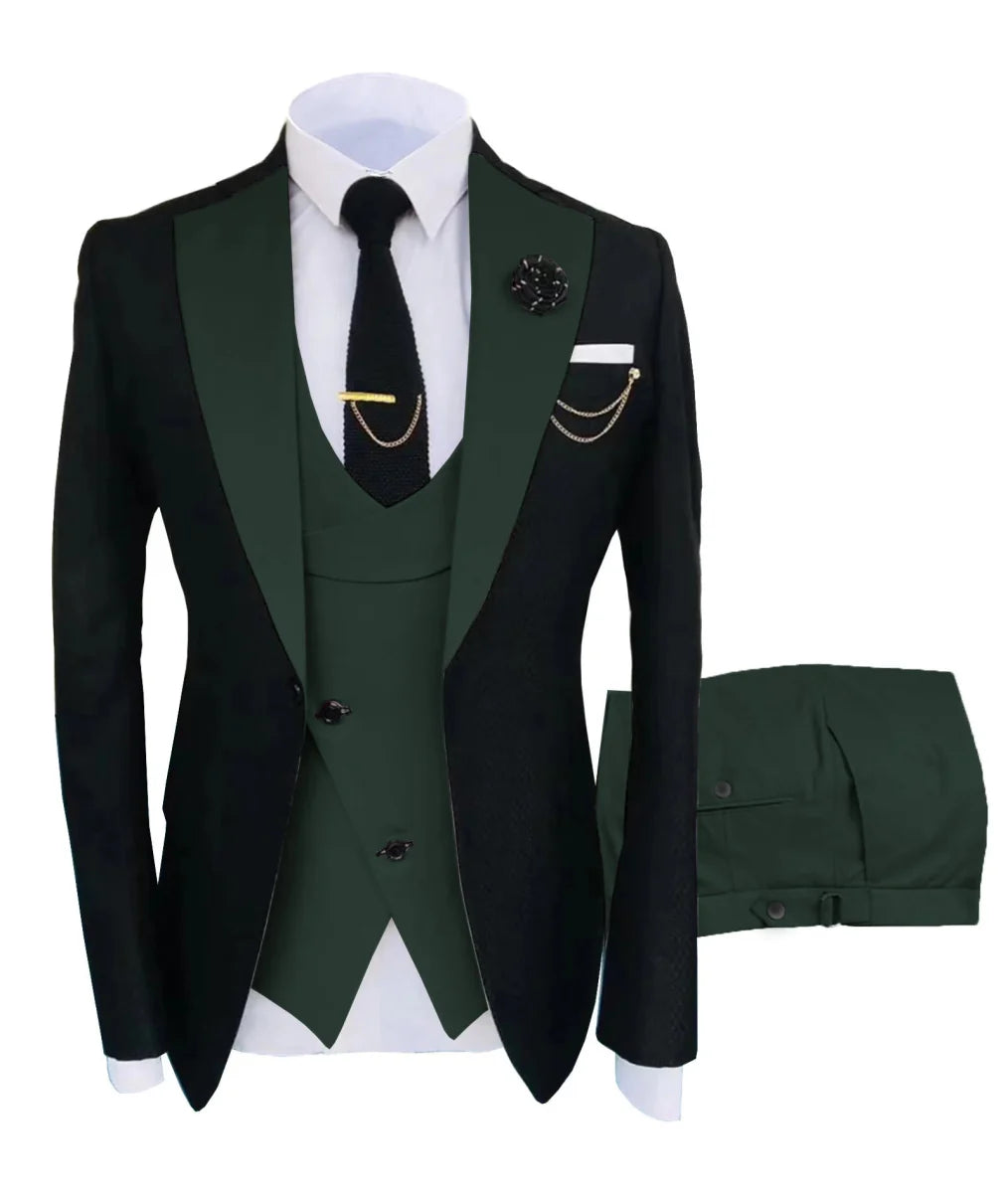 SHOWLU FASHION STORE men's 3-piece slim fit tuxedo suit with jacket, trousers, and vest for formal weddings and parties.