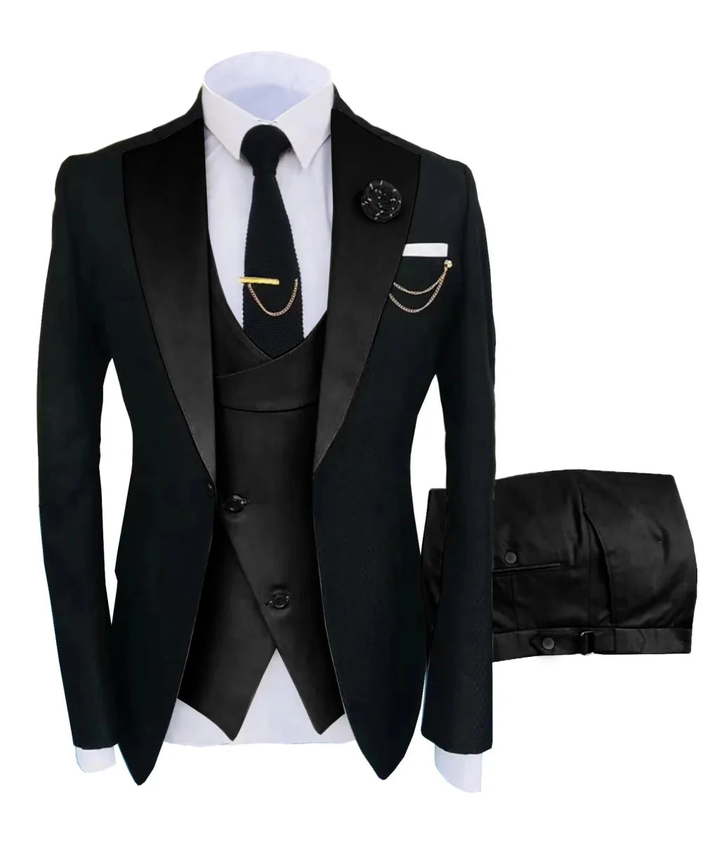 SHOWLU FASHION STORE men's 3-piece slim fit tuxedo suit with jacket, trousers, and vest, ideal for formal weddings and parties.