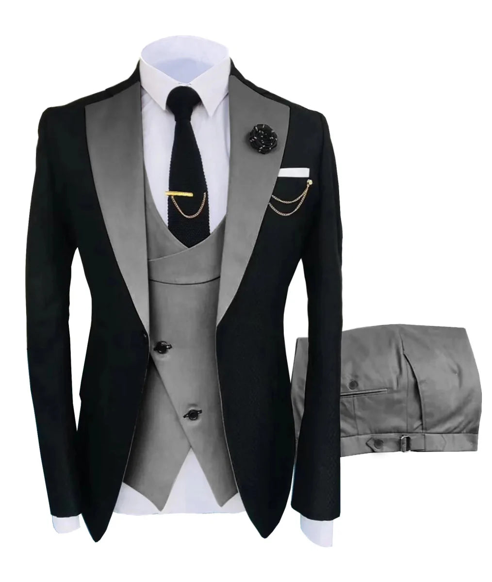 Men's slim fit tuxedo suit by SHOWLU FASHION STORE, includes jacket, trousers, and vest for formal weddings and parties.