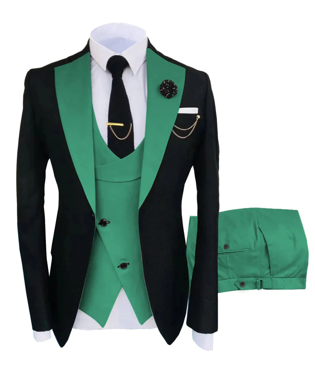 SHOWLU FASHION STORE men's 3-piece slim fit tuxedo suit with jacket, trousers, and vest, ideal for formal weddings and parties.