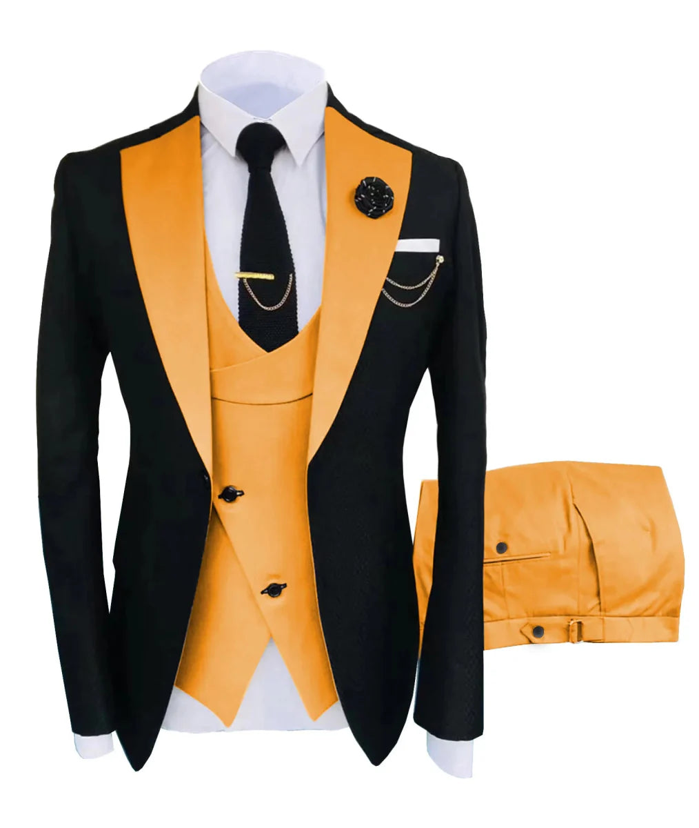 Men's 3-piece slim fit tuxedo suit from SHOWLU FASHION STORE, includes jacket, trousers, and vest for formal wedding or party events.
