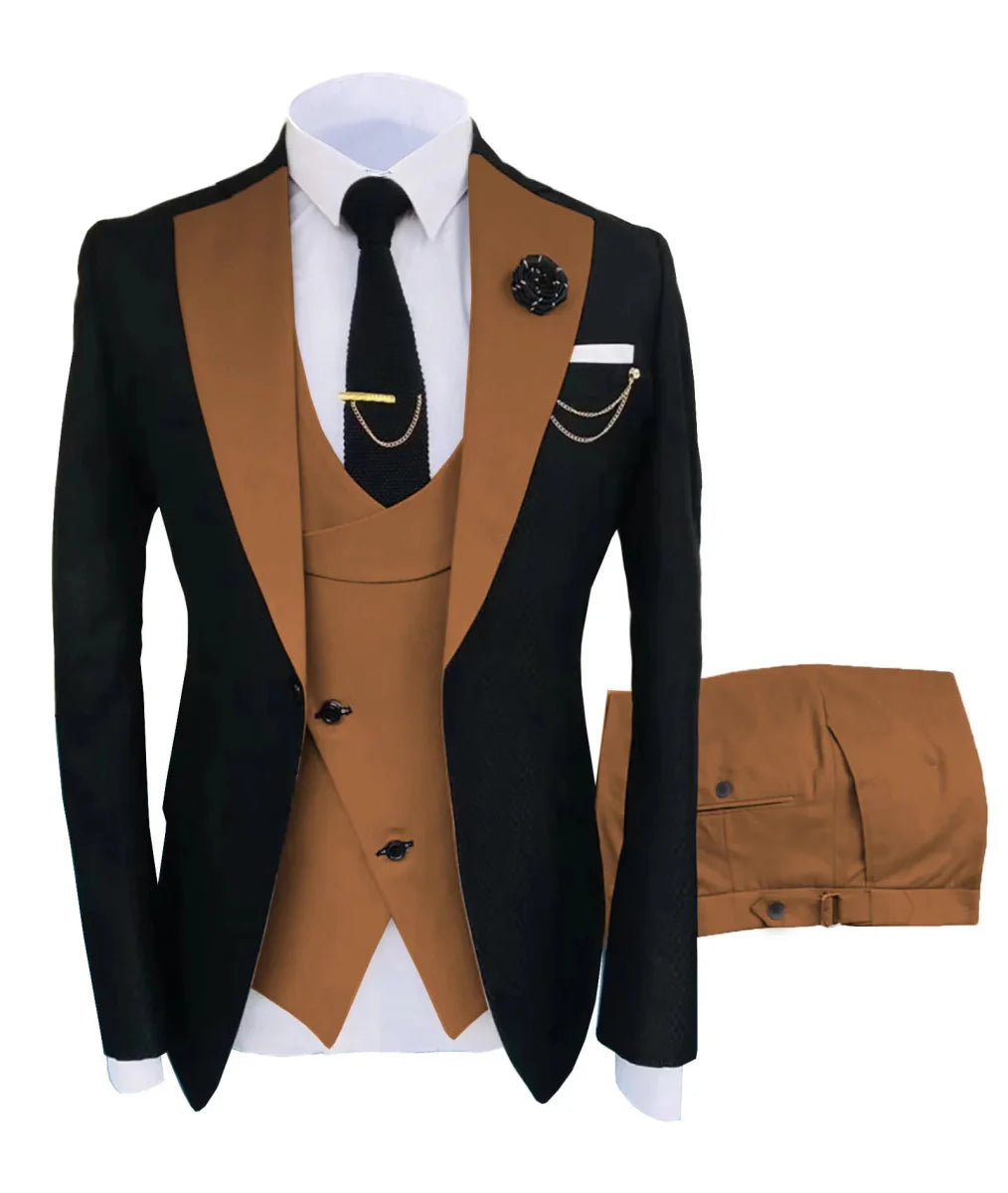 SHOWLU FASHION STORE men's 3-piece slim fit tuxedo suit with jacket, trousers, and vest, ideal for formal weddings and parties.