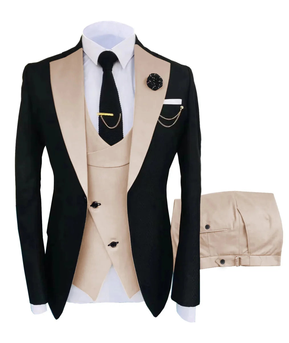Men's slim fit tuxedo suit by SHOWLU FASHION STORE, 3-piece formal wedding and party set with jacket, trousers, and vest.