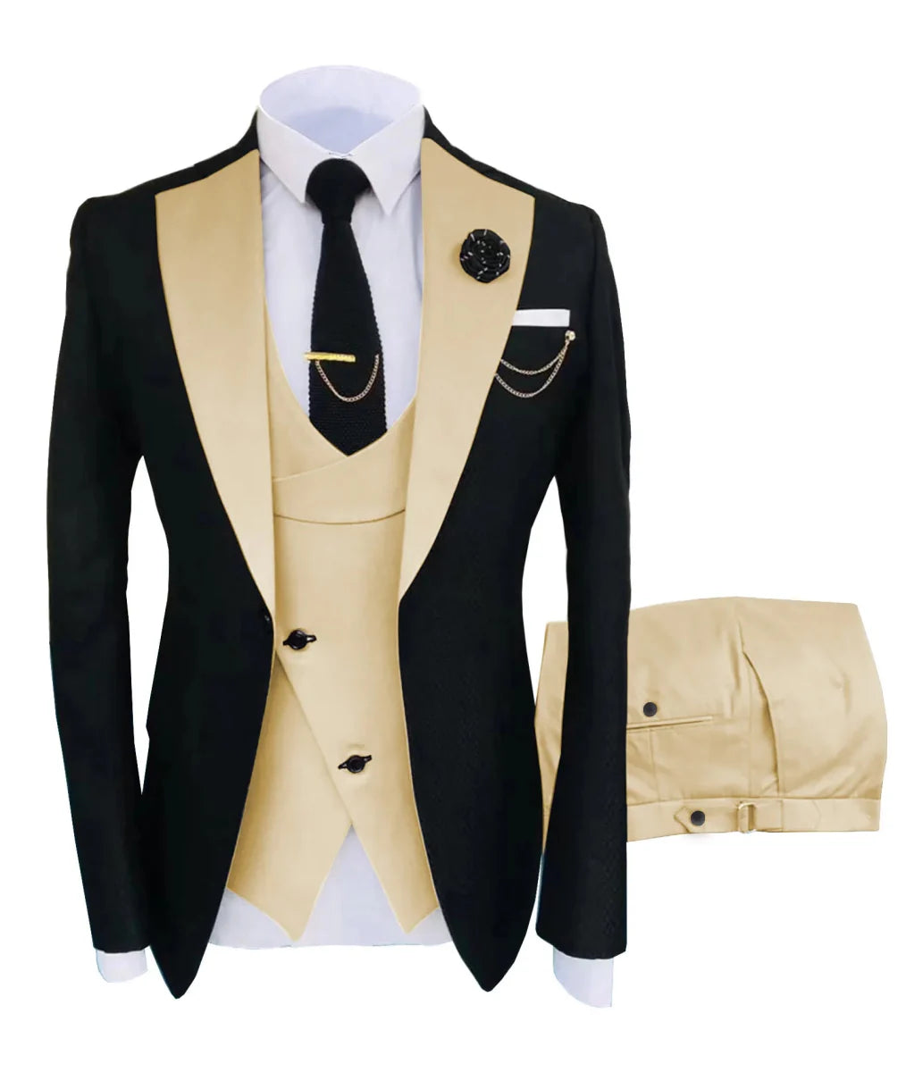 SHOWLU FASHION STORE men's 3-piece slim fit tuxedo suit with jacket, trousers, and vest for formal weddings and parties.