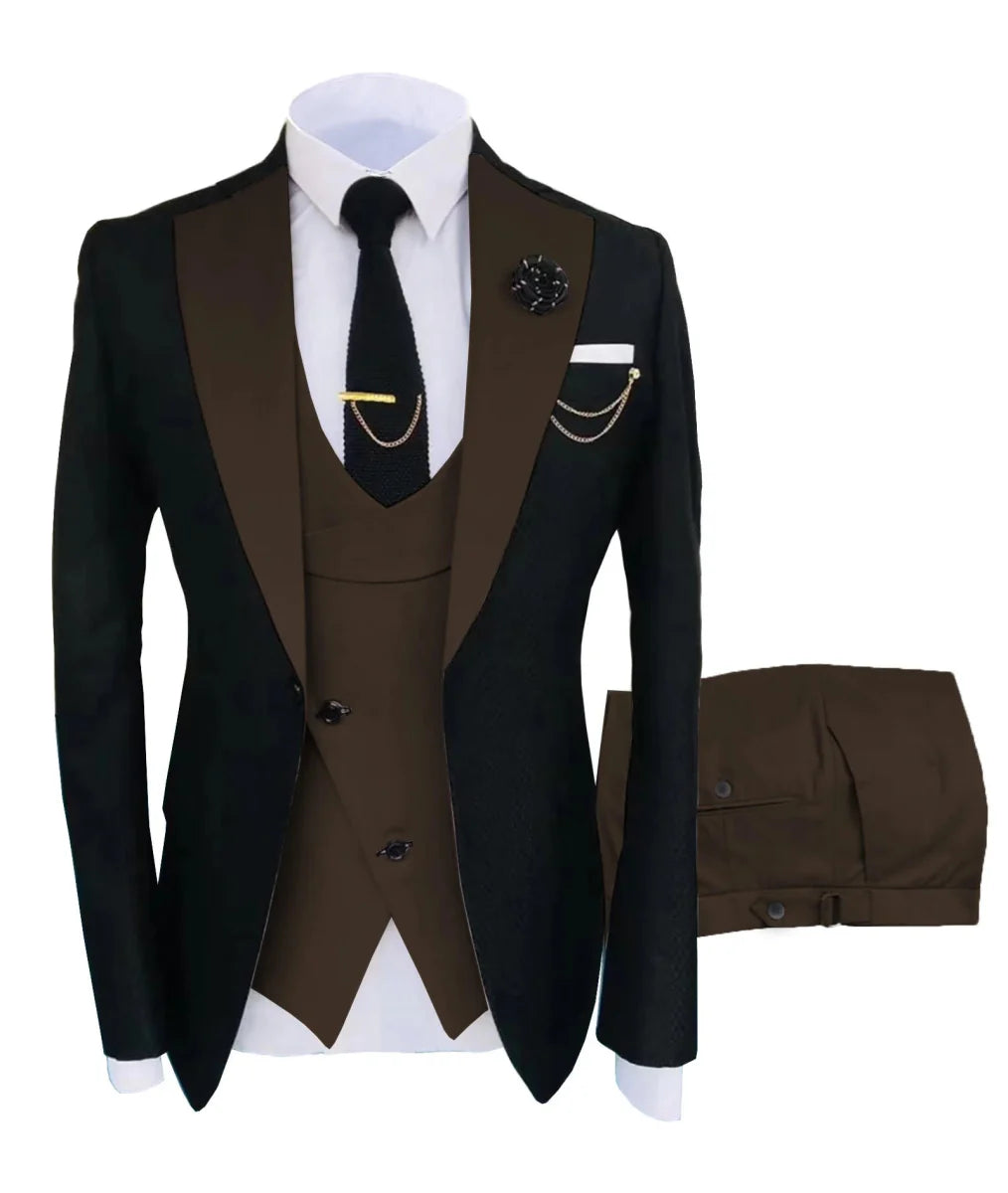 Men's slim fit tuxedo suit by SHOWLU FASHION, 3-piece formal wedding and party set with jacket, trousers, and vest.