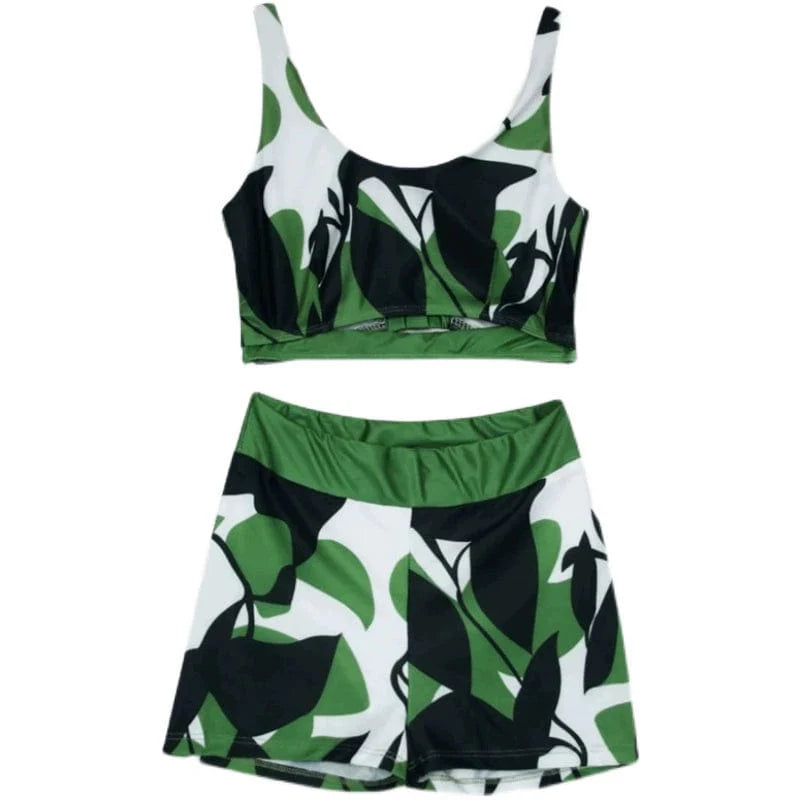 Camouflage print open-back two-piece bikini swimsuit by Showlu Fashion, featuring a sexy design and stylish separates for swimming.