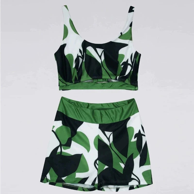 Camouflage print open-back two-piece bikini swimsuit by Showlu Fashion, featuring a sexy design with separate top and bottom.