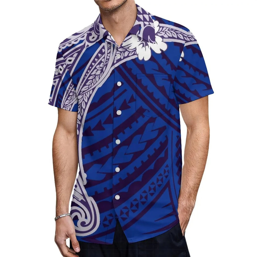 Polynesian print couple set with Aloha shirt for men and long slit skirt for women, featuring vibrant island-inspired designs.