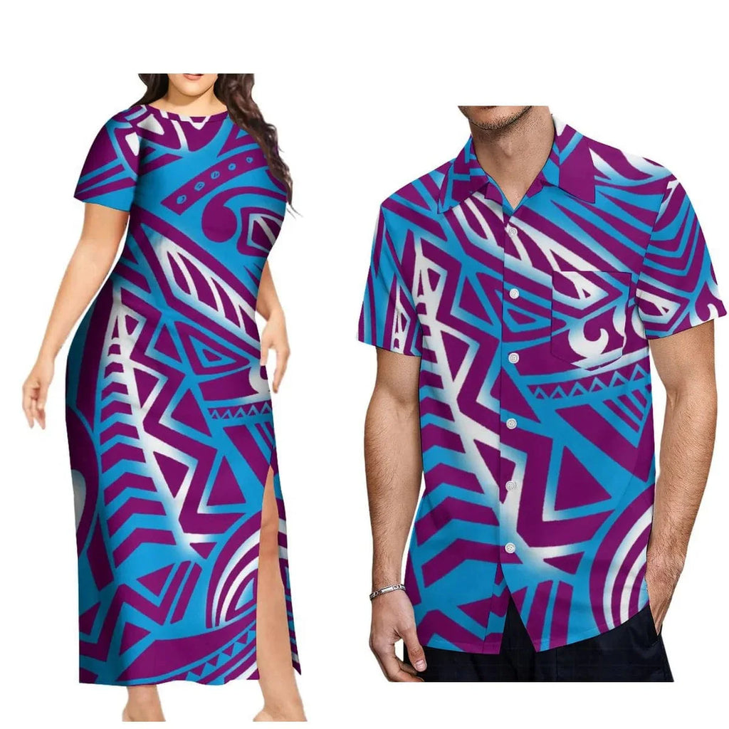 Showlu Fashion Polynesian print couple set featuring an aloha shirt for men and a long slit skirt for women, vibrant island-style design.