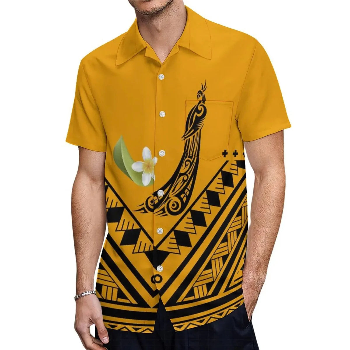Showlu Fashion Polynesian print couple set featuring an aloha shirt for men and a long slit skirt for women, with vibrant island-inspired patterns.