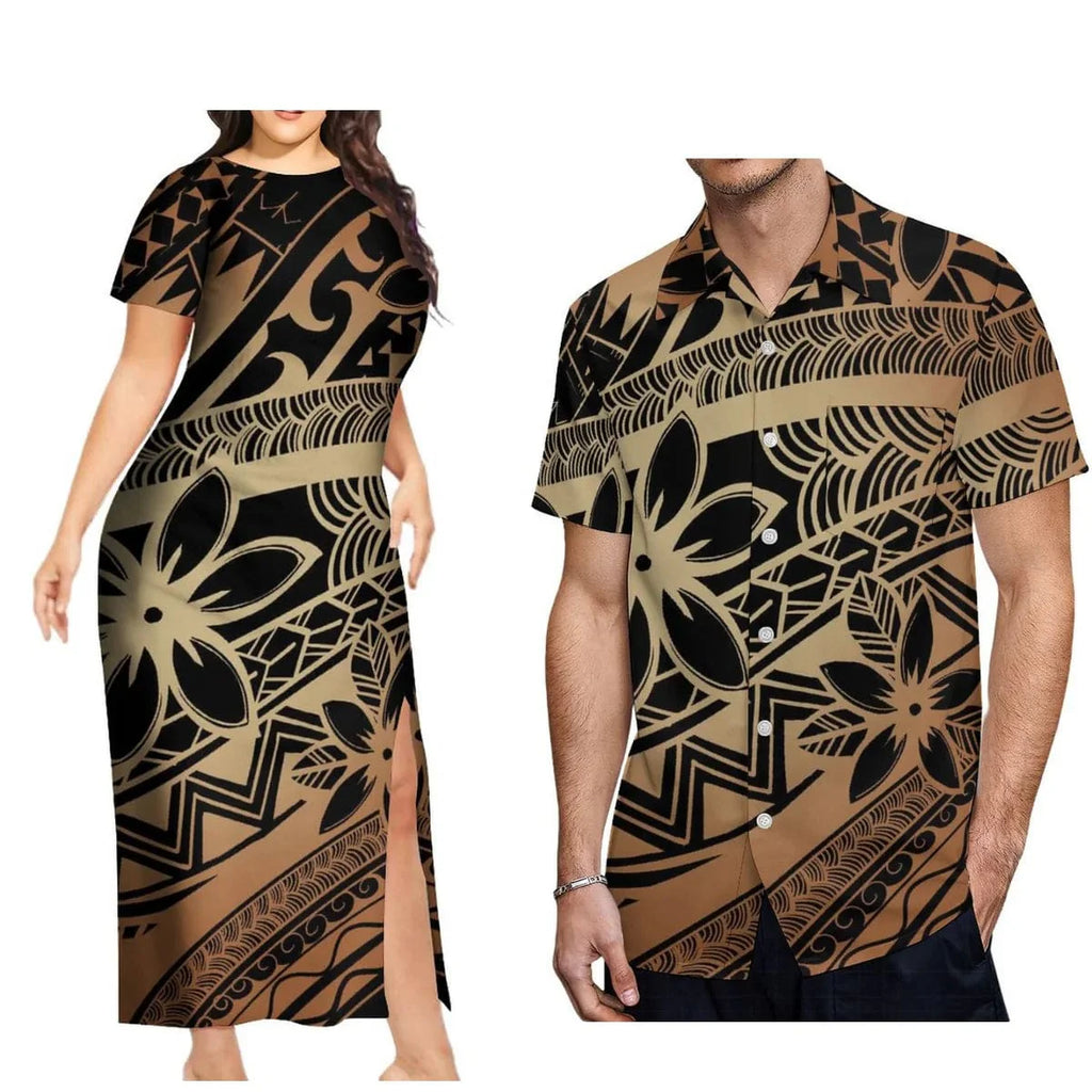 Polynesian print couple set with men's aloha shirt and women's long slit skirt, vibrant tropical island-inspired design.