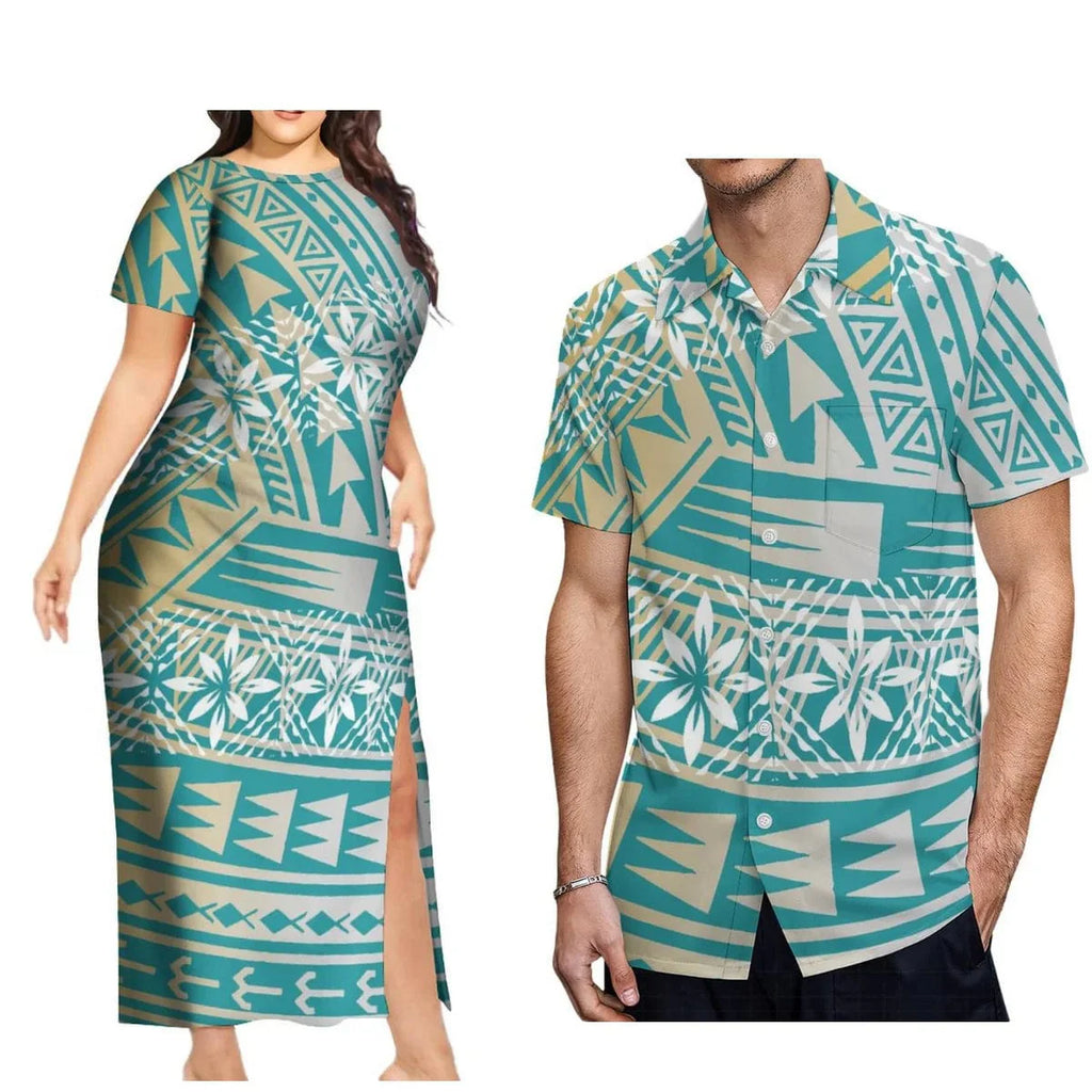 Showlu Fashion Polynesian print couple set with aloha shirts for men and long slit skirts for women, featuring vibrant island-inspired designs.