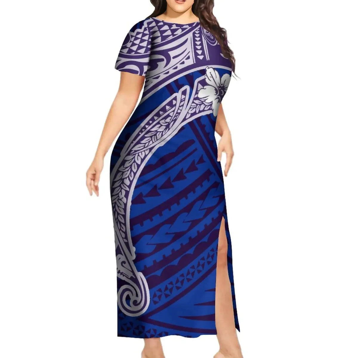 Showlu Fashion Polynesian print couple set with an aloha shirt for men and a long slit skirt for women, featuring vibrant island-inspired designs.