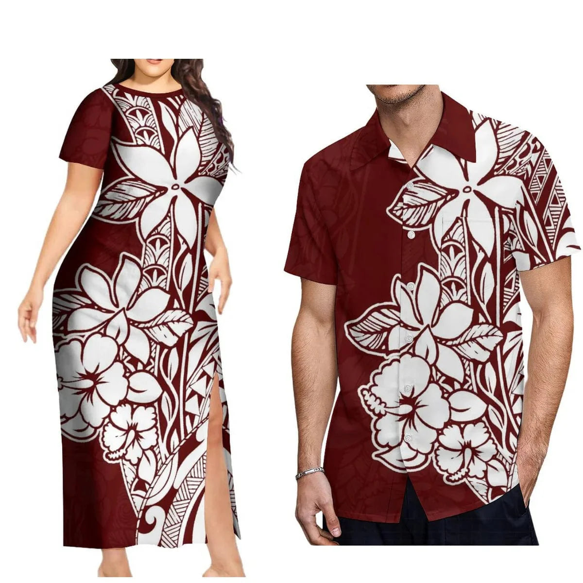 Polynesian print couple set with aloha shirt for men and long slit skirt for women, stylish tropical island fashion by SHOWLU FASHION STORE