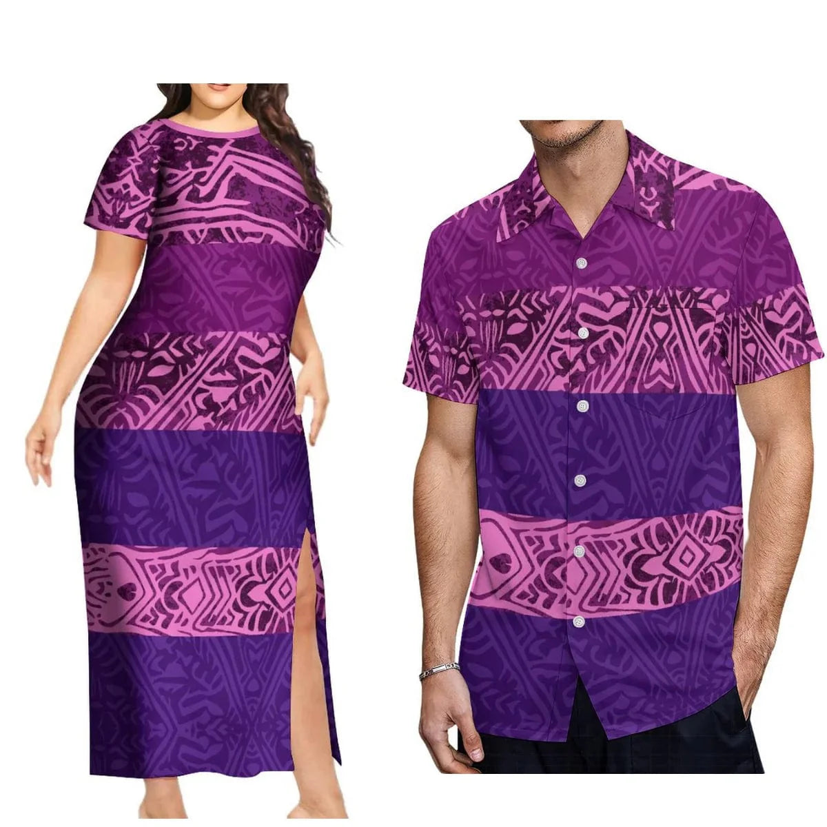 Showlu Fashion Polynesian print couple set with aloha shirt for men and long slit skirt for women, featuring vibrant island-inspired designs.