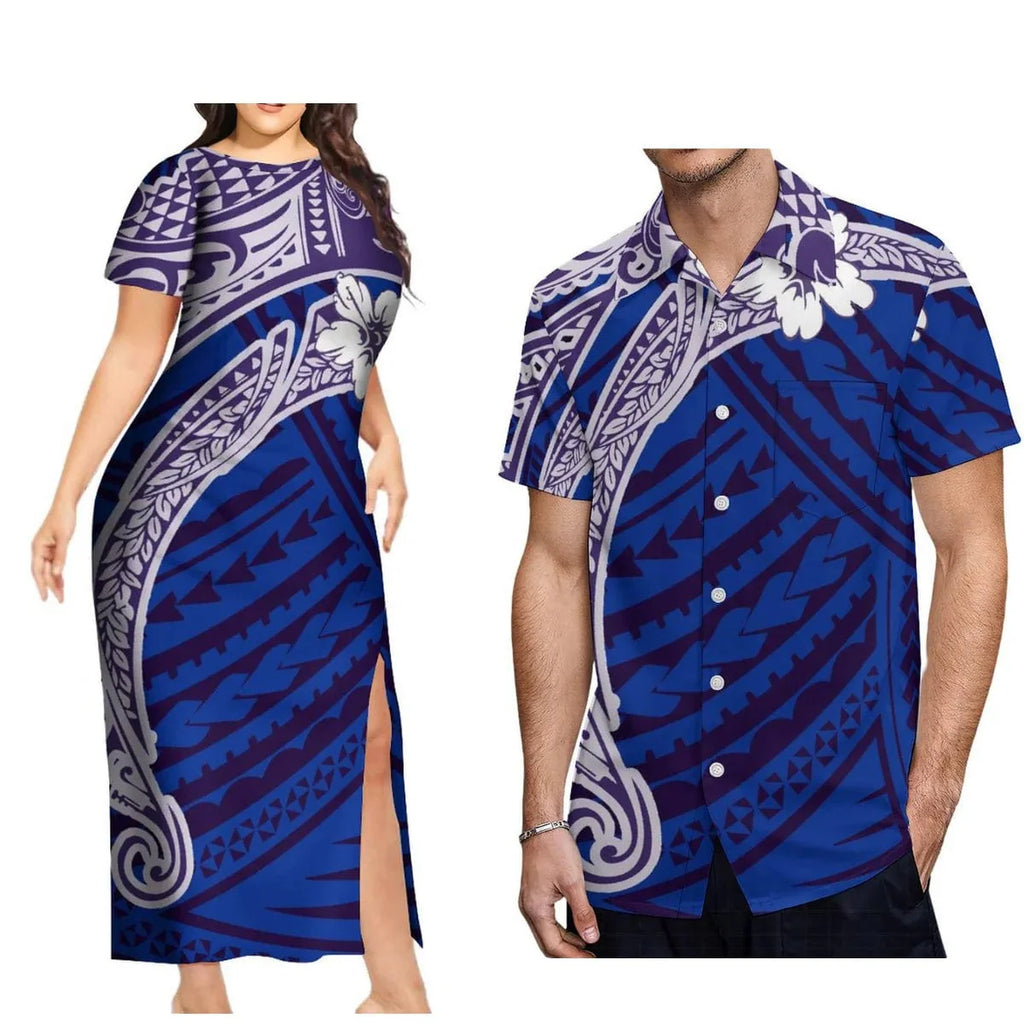 Polynesian print couple set with men's aloha shirt and women's long slit skirt by Showlu Fashion Store, featuring vibrant island-inspired design.