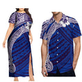 Polynesian print couple set with men's aloha shirt and women's long slit skirt by Showlu Fashion Store, featuring vibrant island-inspired design.