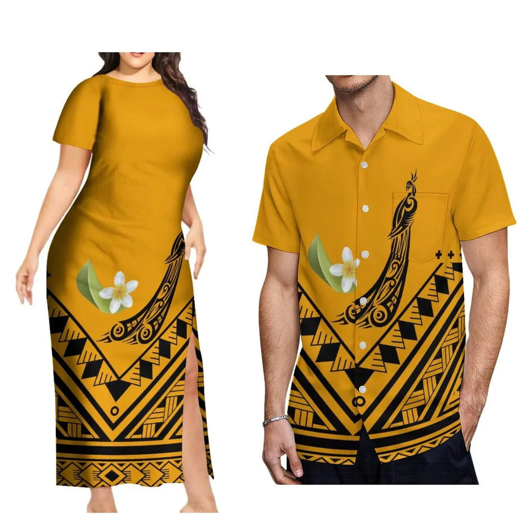 Showlu Fashion Polynesian print couple set with Aloha shirt for men and long slit skirt for women, featuring vibrant island-inspired designs.