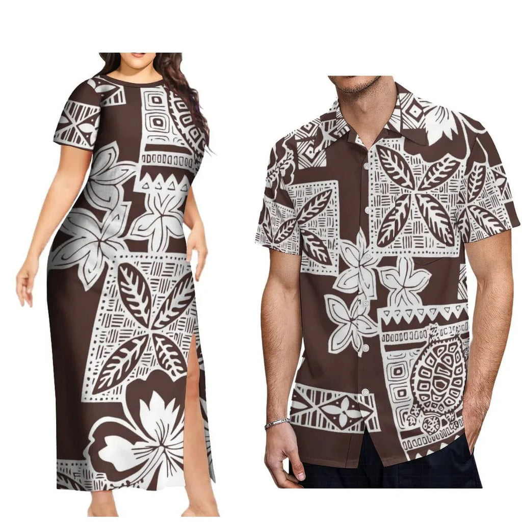 Showlu Fashion Polynesian print couple set with aloha shirt for men and long slit skirt for women, featuring vibrant island-inspired design.