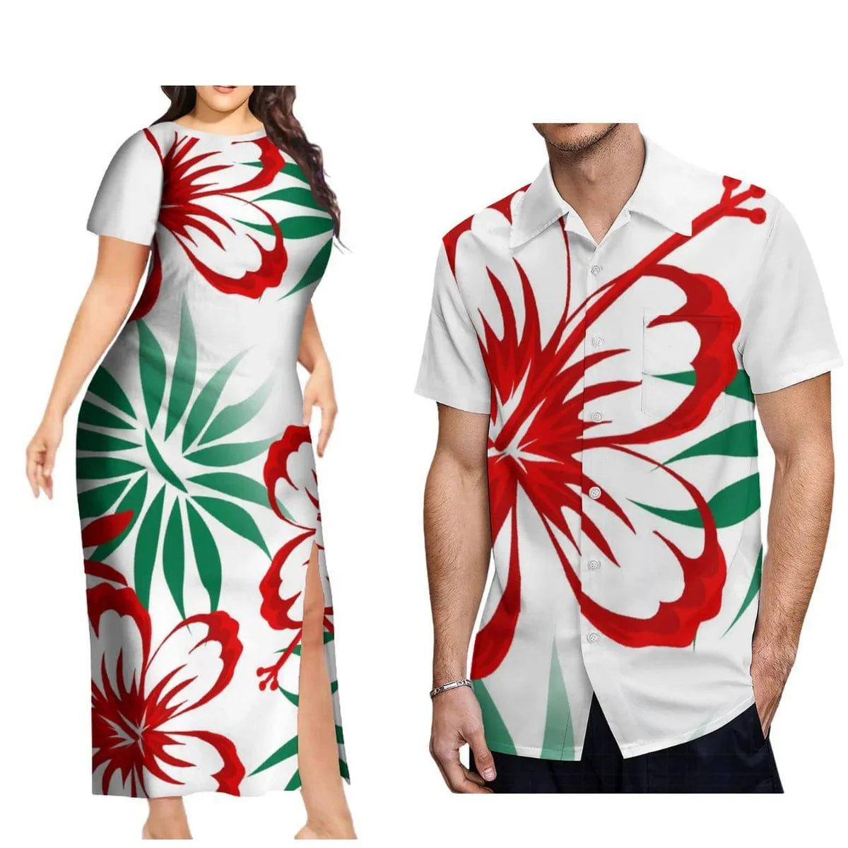 Showlu Fashion Polynesian print couple set with aloha shirts for men and long slit skirts for women, featuring vibrant island-inspired designs.