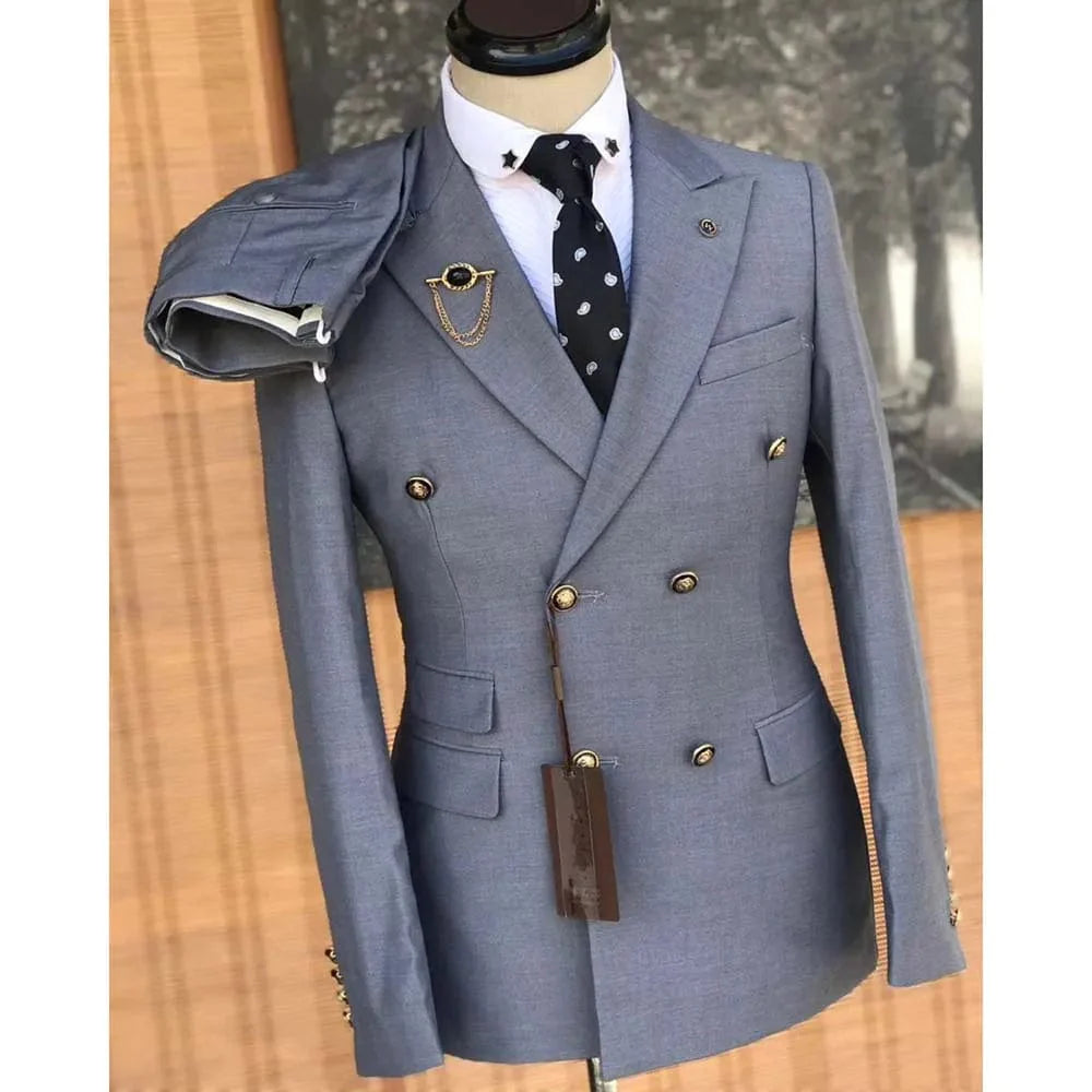 Showlu Fashion men's grey double-breasted 2-piece suit with slim fit, peak lapel, tailored jacket and matching pants for formal wear.