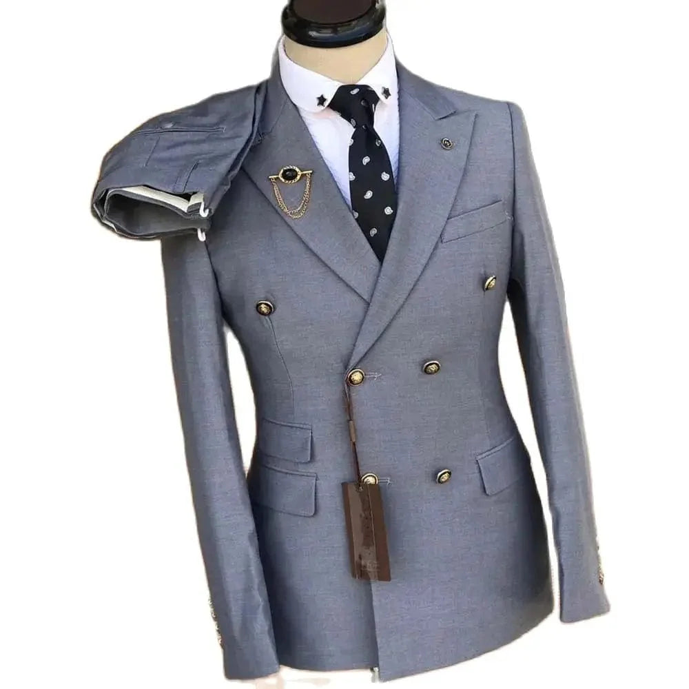 Men's grey double-breasted suit by Showlu Fashion, slim fit with peak lapel, includes jacket and matching pants, elegant formal attire.