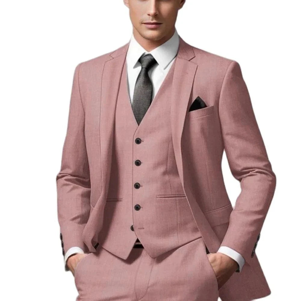Dusty pink 3-piece men's suit by SHOWLU FASHION STORE featuring slim fit blazer with notch lapel, vest, and matching pants.