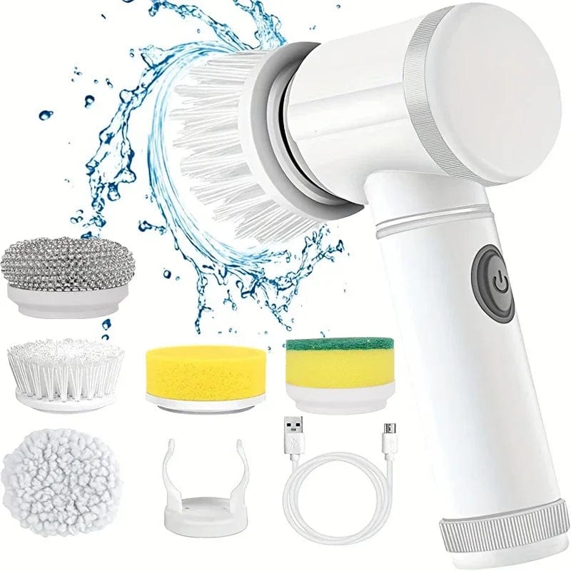 Electric spin scrubber with five replaceable brush heads, ideal for bathroom cleaning, from SHOWLU FASHION STORE.
