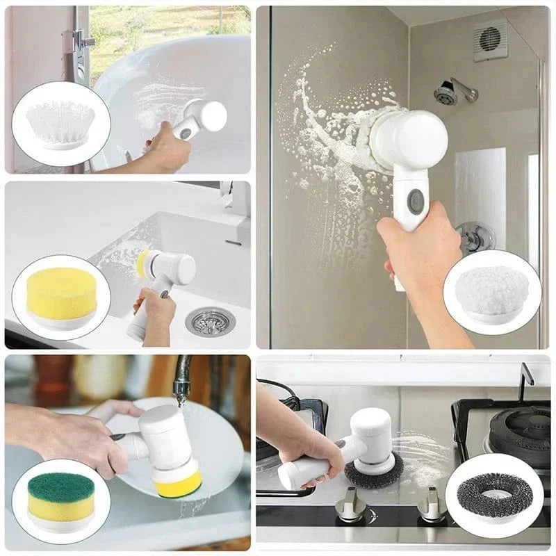 Electric spin scrubber by SHOWLU FASHION STORE with five replaceable brush heads, ideal for bathroom cleaning and scrubbing tasks.