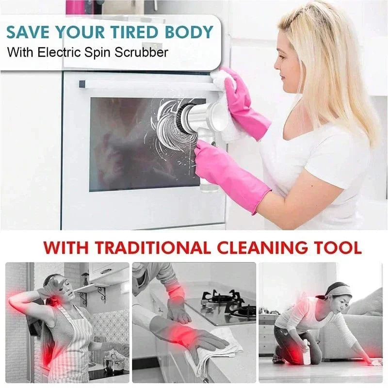 Electric Spin Scrubber from SHOWLU FASHION STORE with five replaceable brush heads for bathroom cleaning and versatile 5-in-1 use.