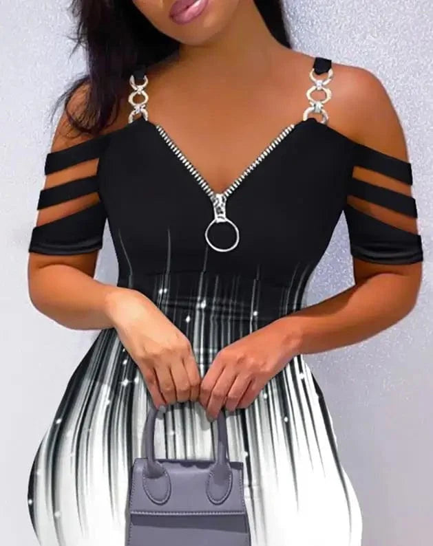 Colorblock cold shoulder bodycon mini dress for women by Showlu Fashion, featuring a stylish and elegant summer design.