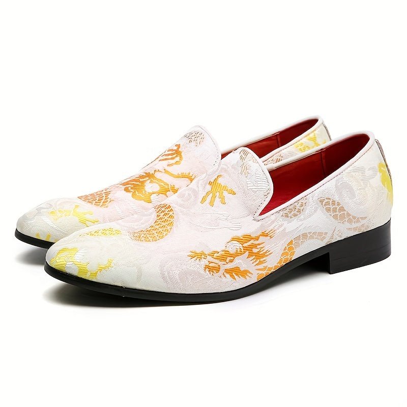 SHOWLU Men's embroidered slip-on shoes featuring houndstooth fabric, casual loafer style with stylish embroidery details.