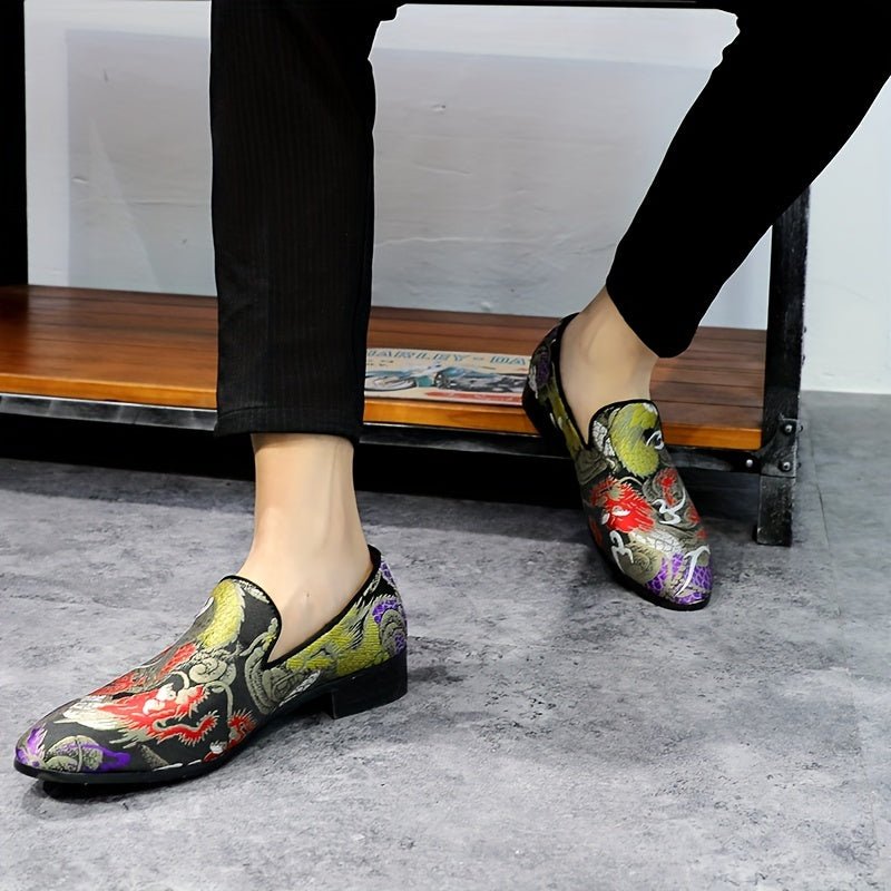 SHOWLU Men's embroidered slip-on shoes with houndstooth fabric, casual loafers for stylish everyday wear.