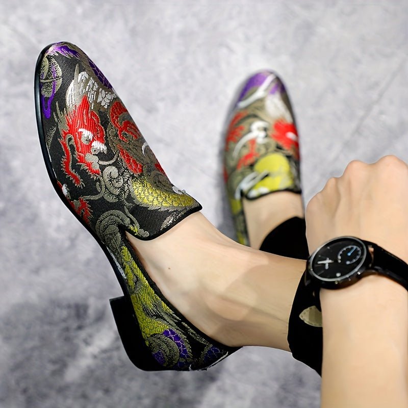 SHOWLU men's embroidered slip-on shoes with houndstooth fabric, casual loafers featuring stylish embroidery and comfortable design.