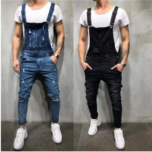 New Fashion Men's Jeans Overalls High Street Ripped Denim Jumpsuits Hip Hop Men Cargo Bib Pants Cowboy Male Jean Dungarees 2023 - SHOWLU FASHION STORE