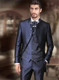 Navy blue 3-piece men's suit with slim fit jacquard design, including jacket, pants, and vest, ideal for formal weddings and events.