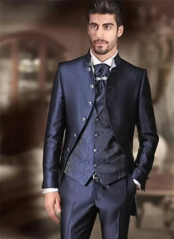 Navy blue 3-piece men's suit with slim fit jacquard design, including jacket, pants, and vest, ideal for formal weddings and events.