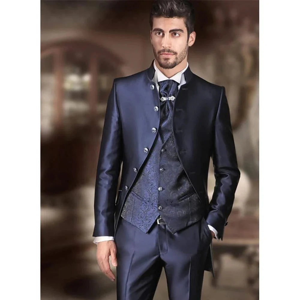 Navy blue 3-piece men's suit by SHOWLU FASHION STORE featuring slim fit jacquard tuxedo jacket, pants, and vest for formal occasions.