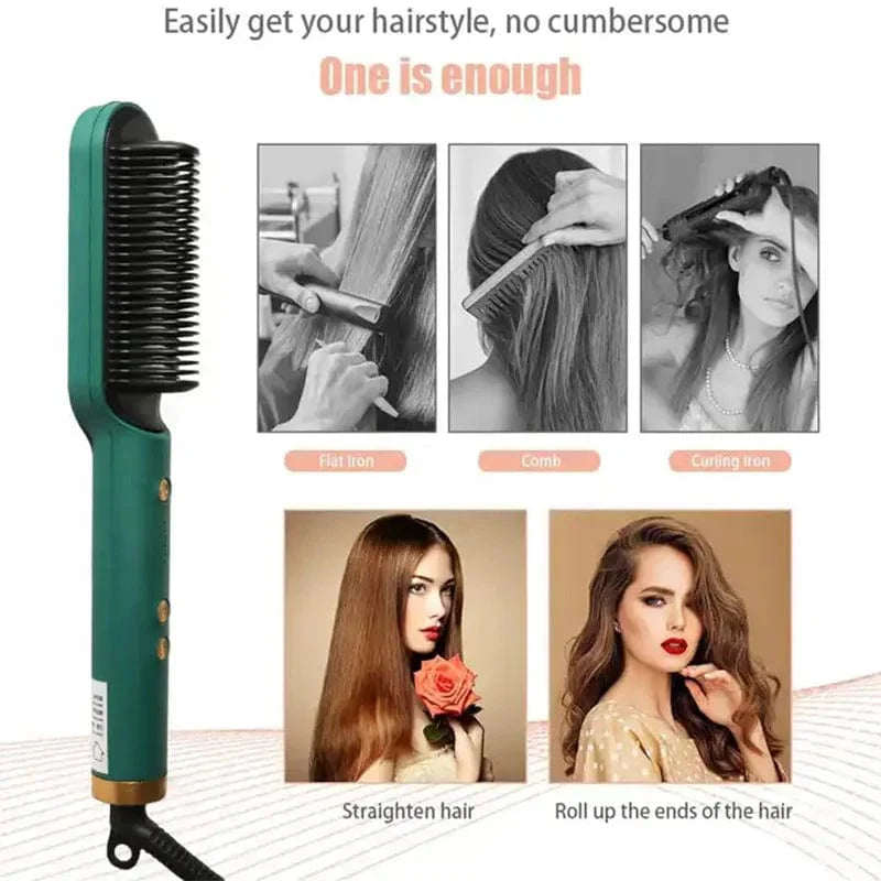 Showlu Fashion Store HBMH 2-in-1 ceramic hair straightener brush with negative ion technology and anti-scalding design for smooth styling.