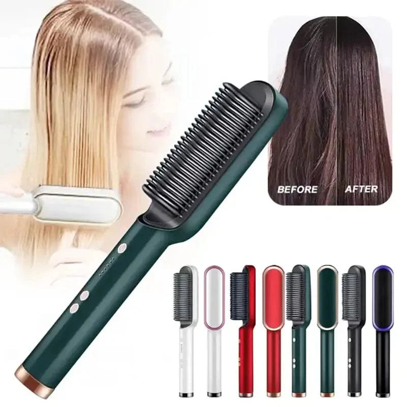 Showlu Fashion Store HBMH 2-in-1 ceramic hair straightener brush with negative ion technology and anti-scald design for smooth styling.