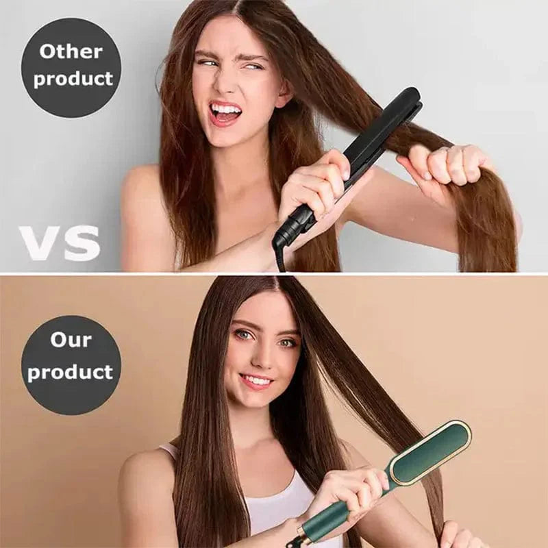 Showlu Fashion Store HBMH 2-in-1 ceramic hair straightener brush with negative ion technology and anti-scald design for smooth styling.