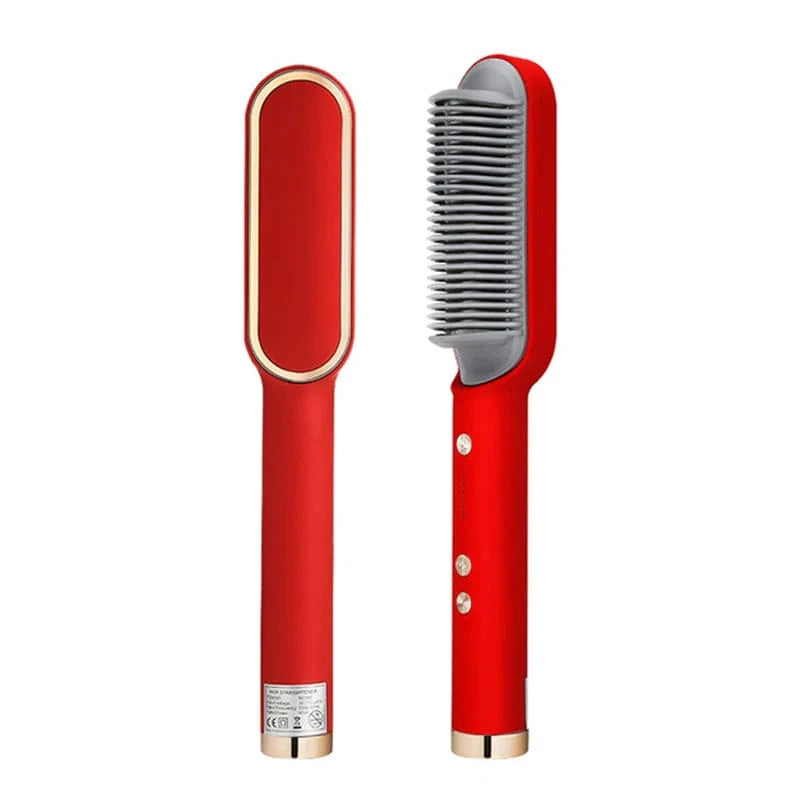 Showlu Fashion Store HBMH 2-in-1 hair straightener brush with ceramic plates and negative ion technology for smooth, shiny hair.